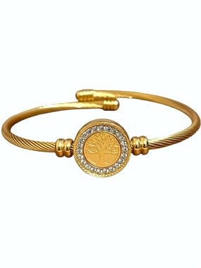 Tree of Life Gold Plated Adjustable CZ Bangle Bracelet